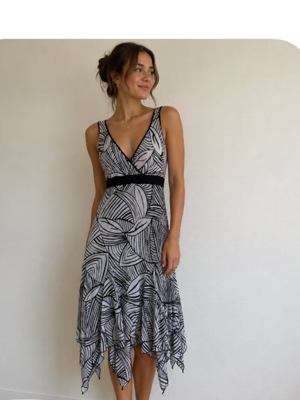 B. Smart Size 11/12 V Neck Black & White Handkerchief Hemmed Dress